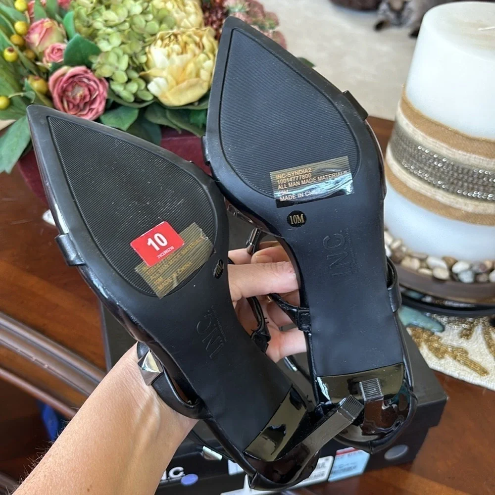 Brand New INC Syndia Pyramid Studded Black Stiletto Heels Clear Pointed Toe Cage